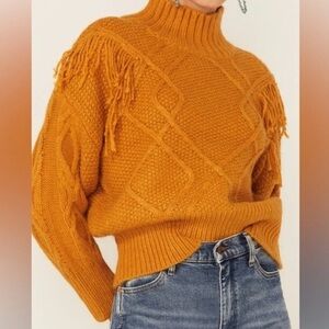 Patrons Of Peace Fringe Golden Mustard Long Sleeve Chunky Knit Sweater